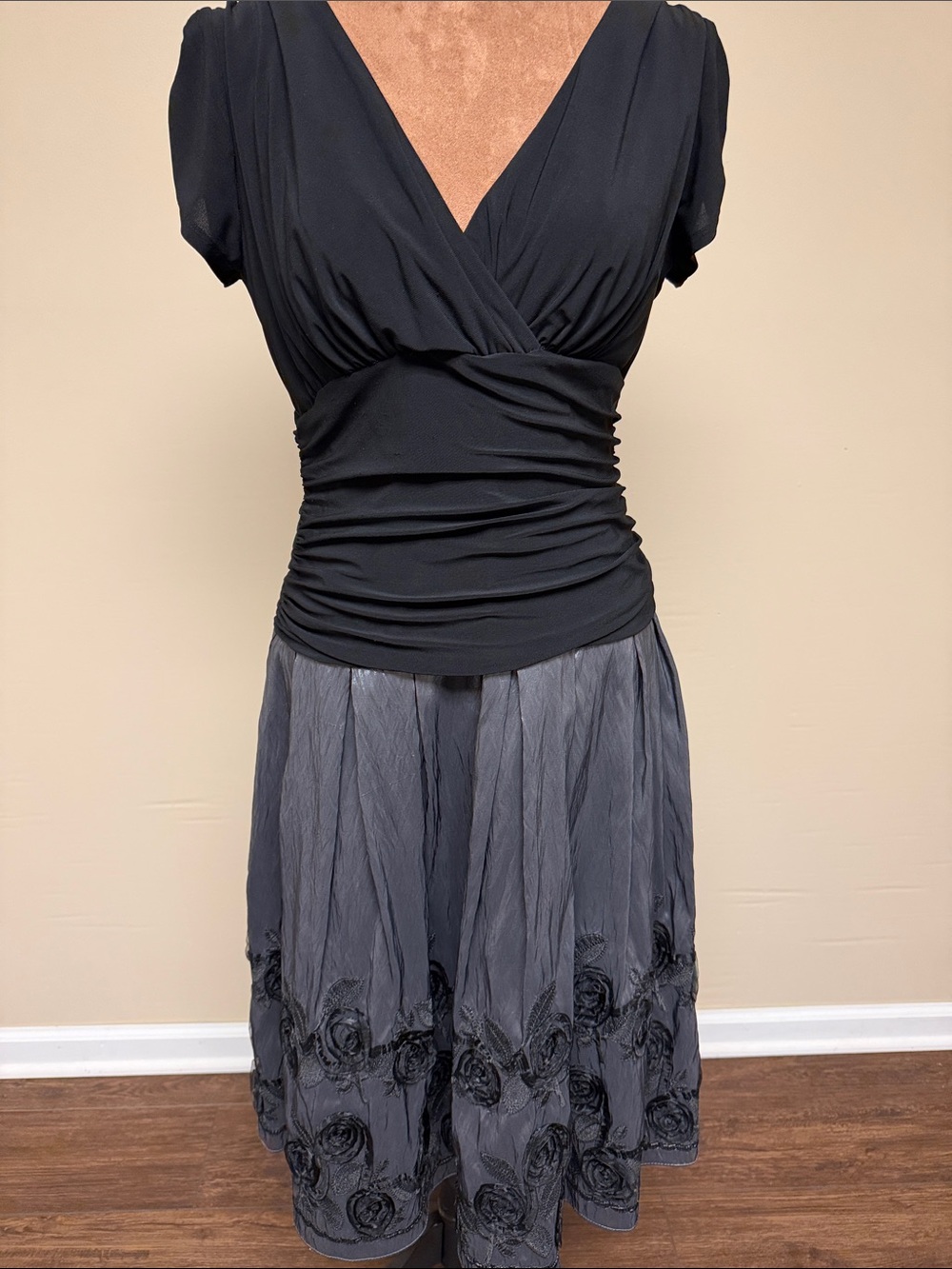 S.L. Fashions Black Dress with Embroidered Label